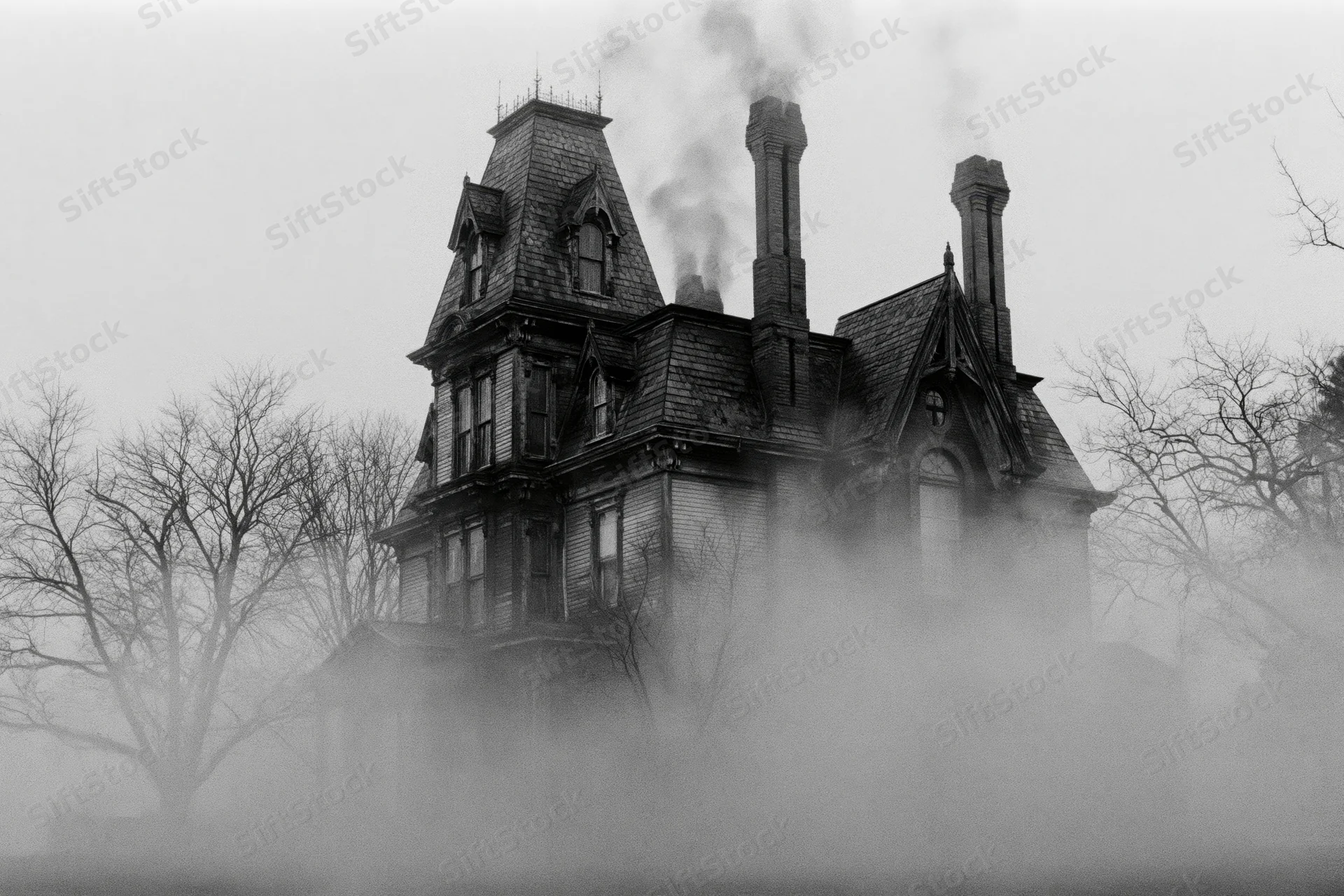 Large victorian mansion with turret and steep gabled roofline shrouded in fog and smoke