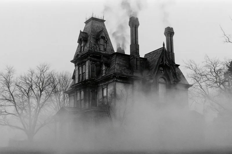 Large victorian mansion with turret and steep gabled roofline shrouded in fog and smoke