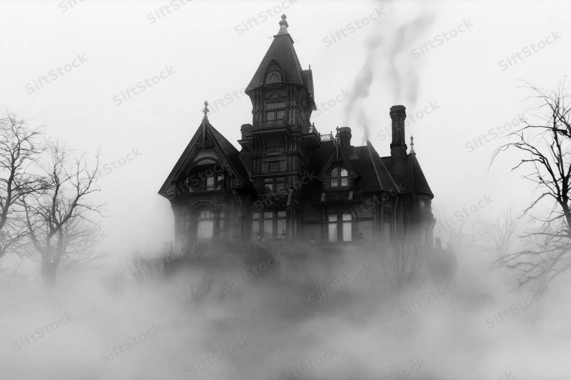 Large victorian mansion with turret and steep gabled roofline shrouded in fog and steam from chimneys in a misty landscape