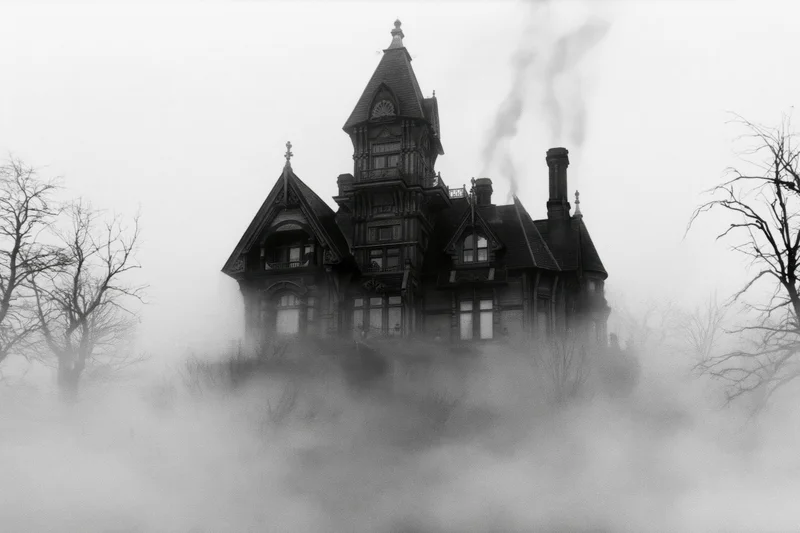 Large victorian mansion with turret and steep gabled roofline shrouded in fog and steam from chimneys in a misty landscape