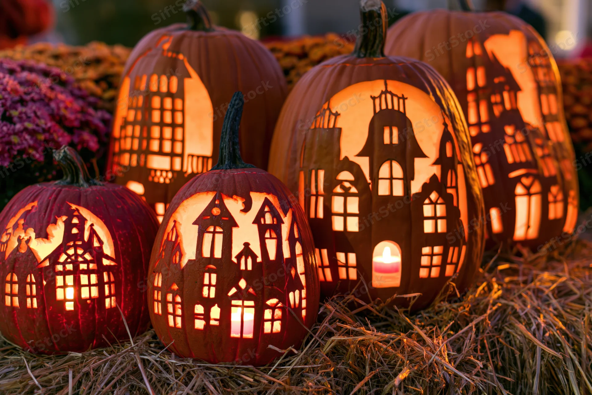 Carved pumpkins with haunted house designs lit from within on hay bales
