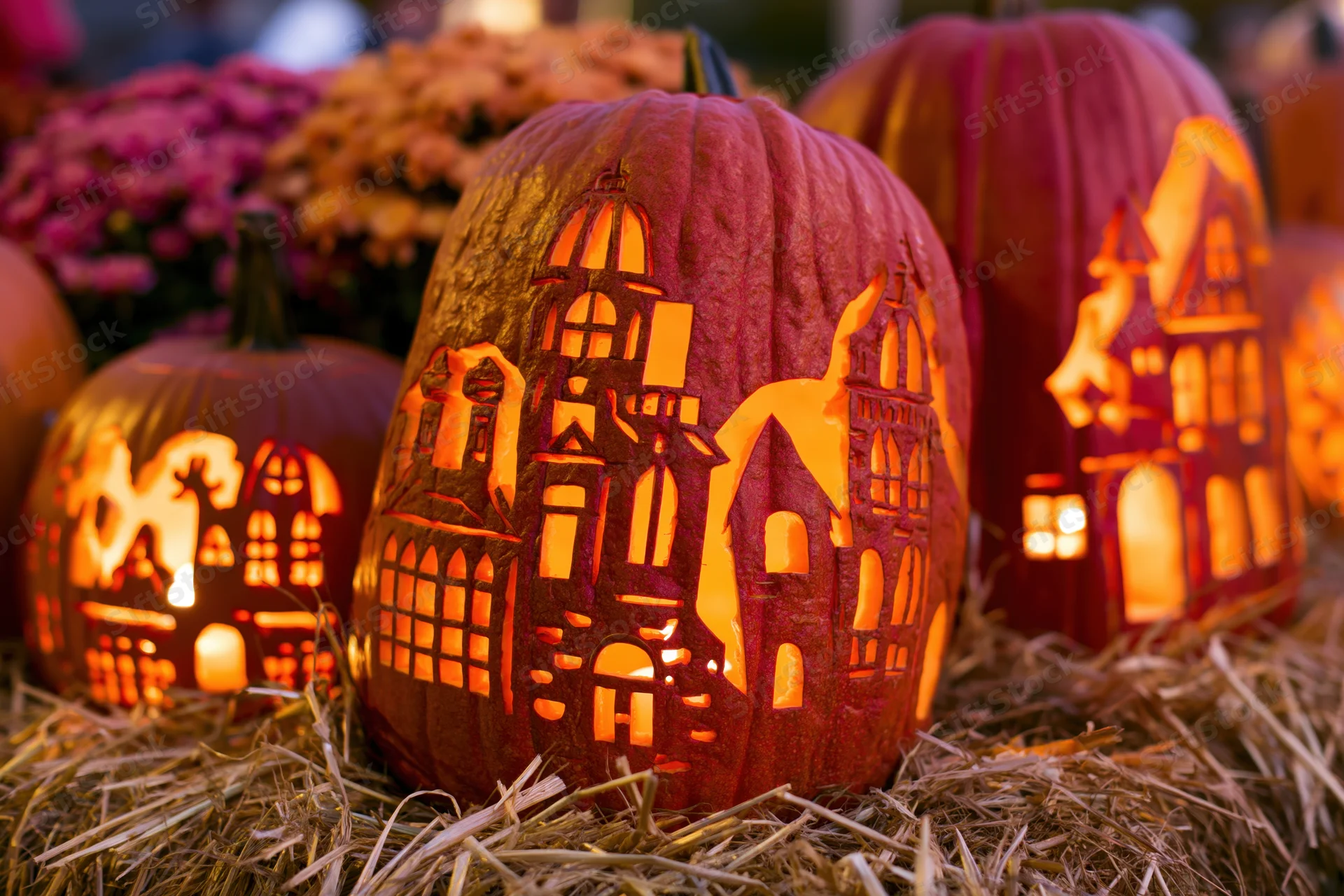 Carved pumpkins with intricate haunted house designs glowing on straw at night