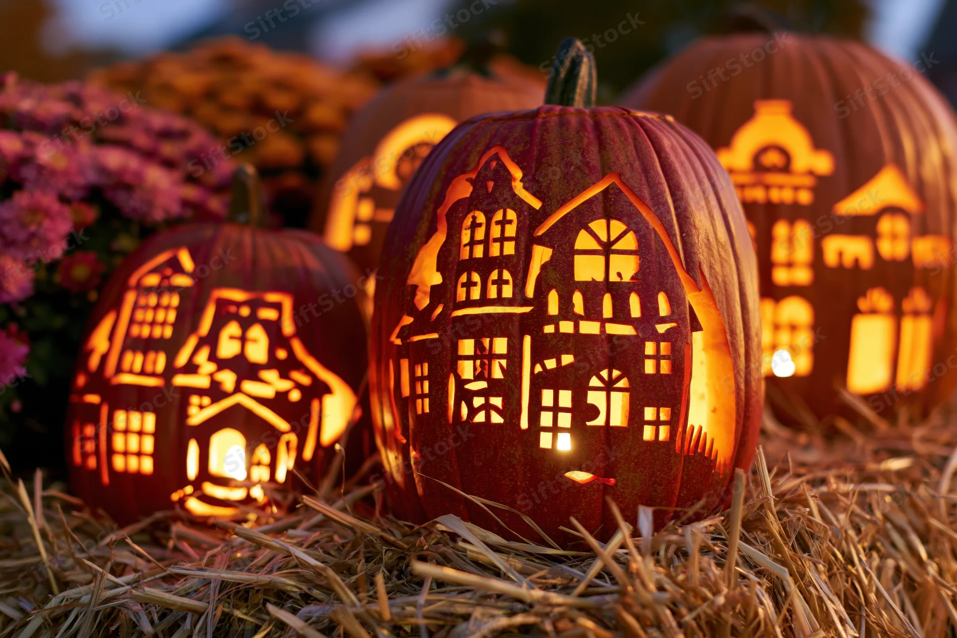 Carved pumpkins with intricate house designs glowing on hay at dusk
