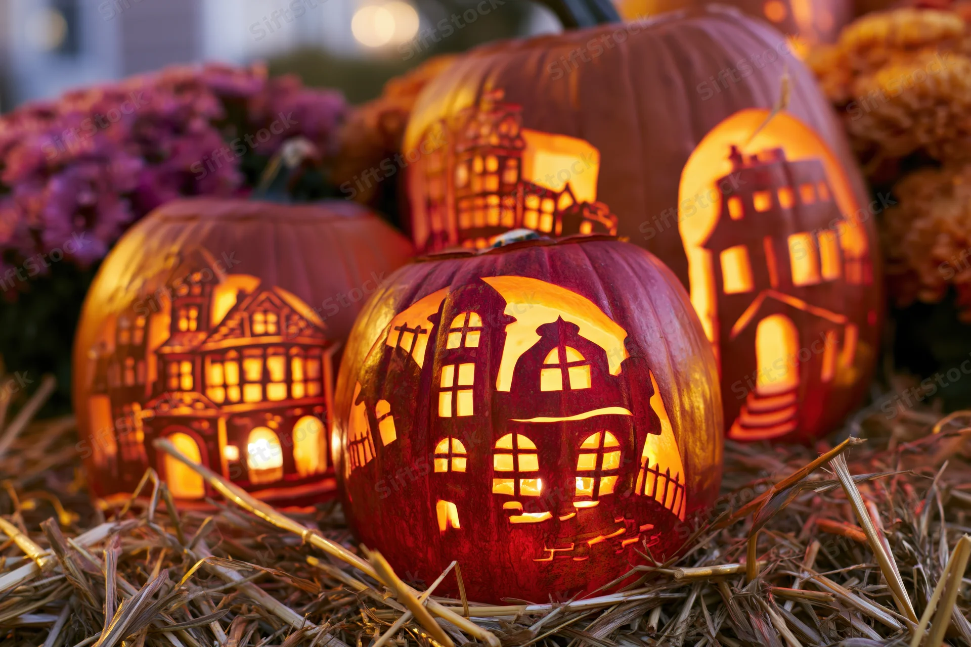 Carved pumpkins with intricate haunted house designs glowing on straw at night