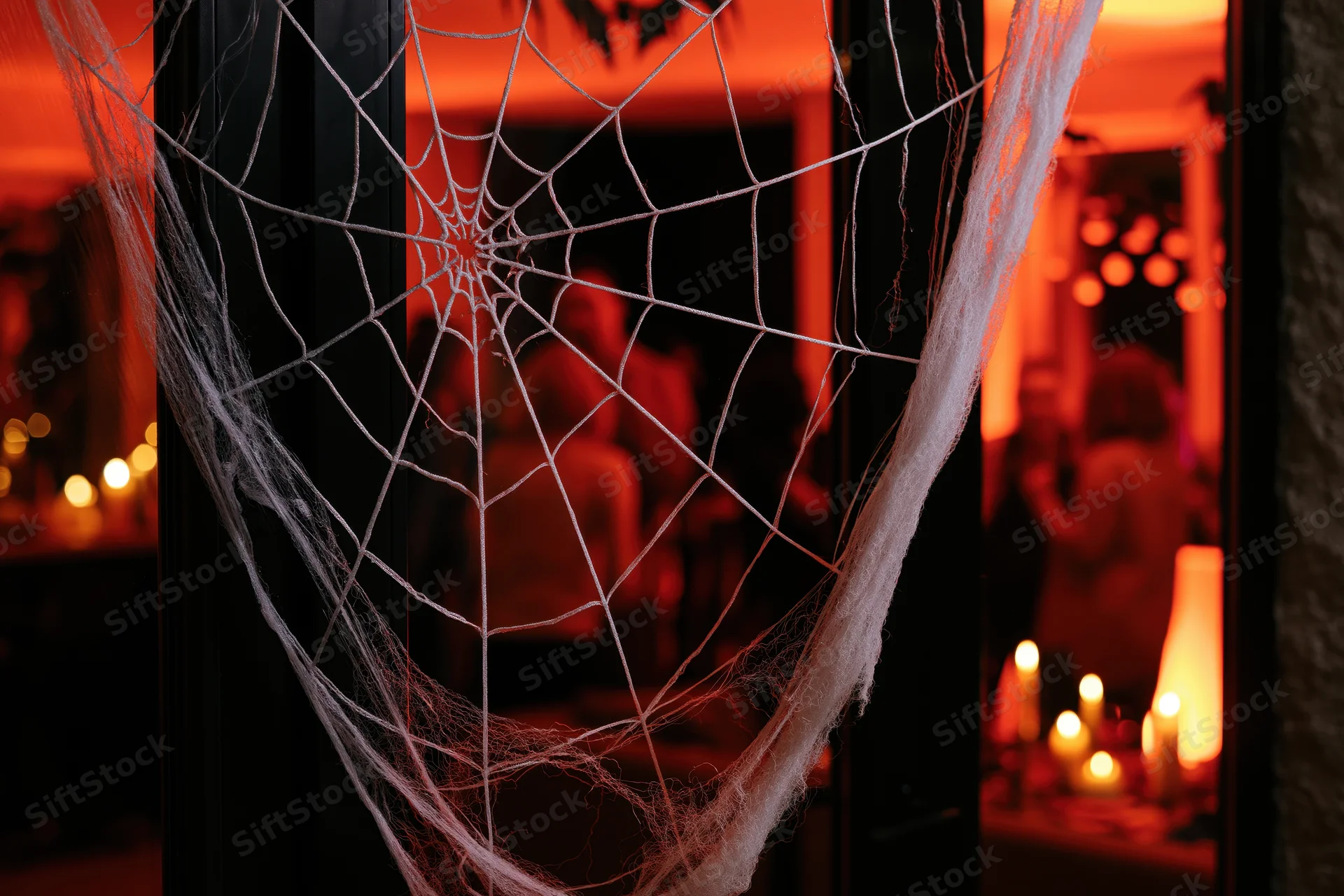 Decorative spiderweb stretched across a dark doorframe with warm orange lighting and blurred party scene behind