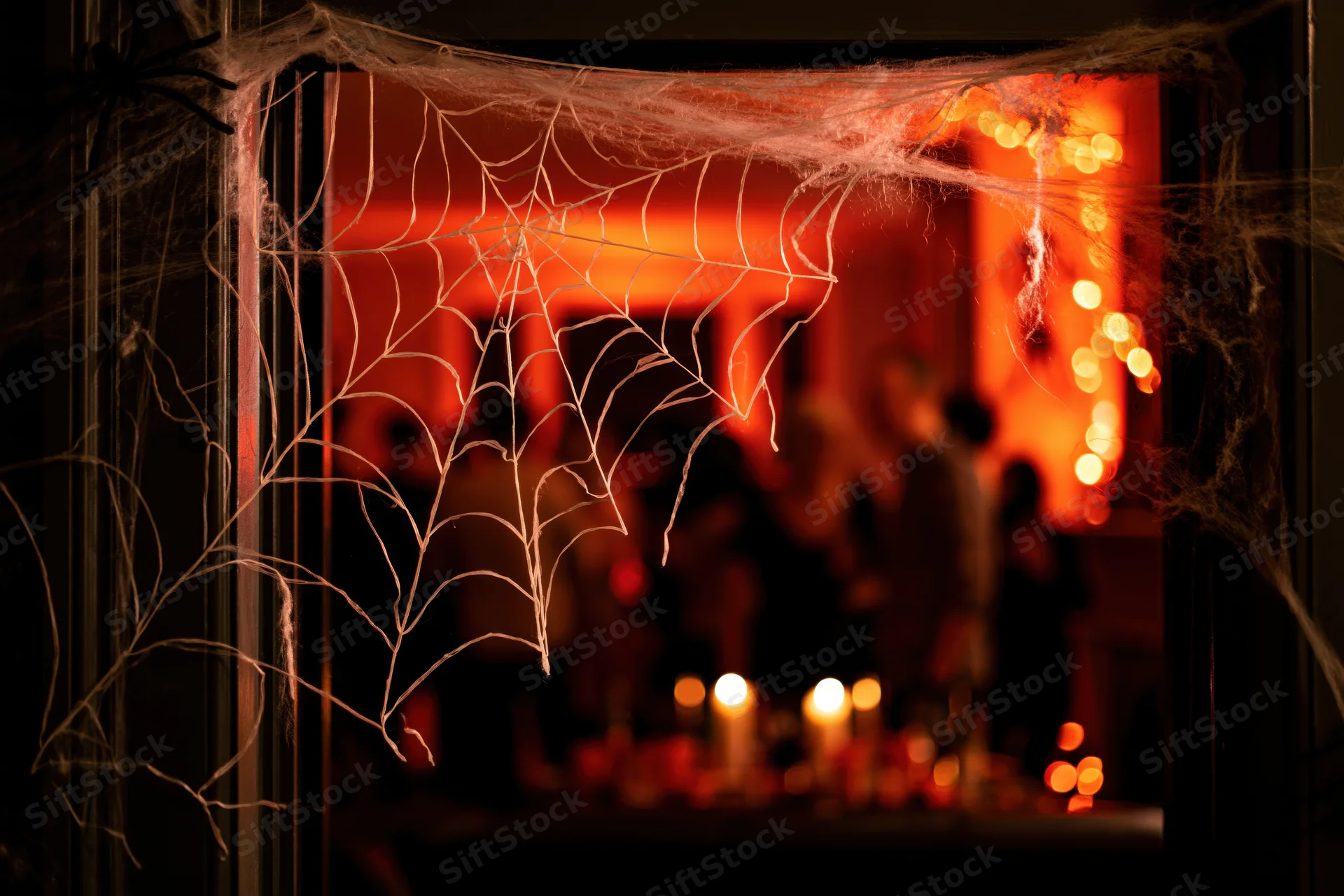 Decorative spiderweb stretched across a dark doorframe framing a dimly lit party scene with candles and orange lights