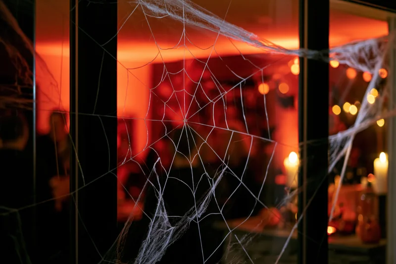 Decorative spiderweb stretched across a dark doorframe with warm orange lights glowing behind it