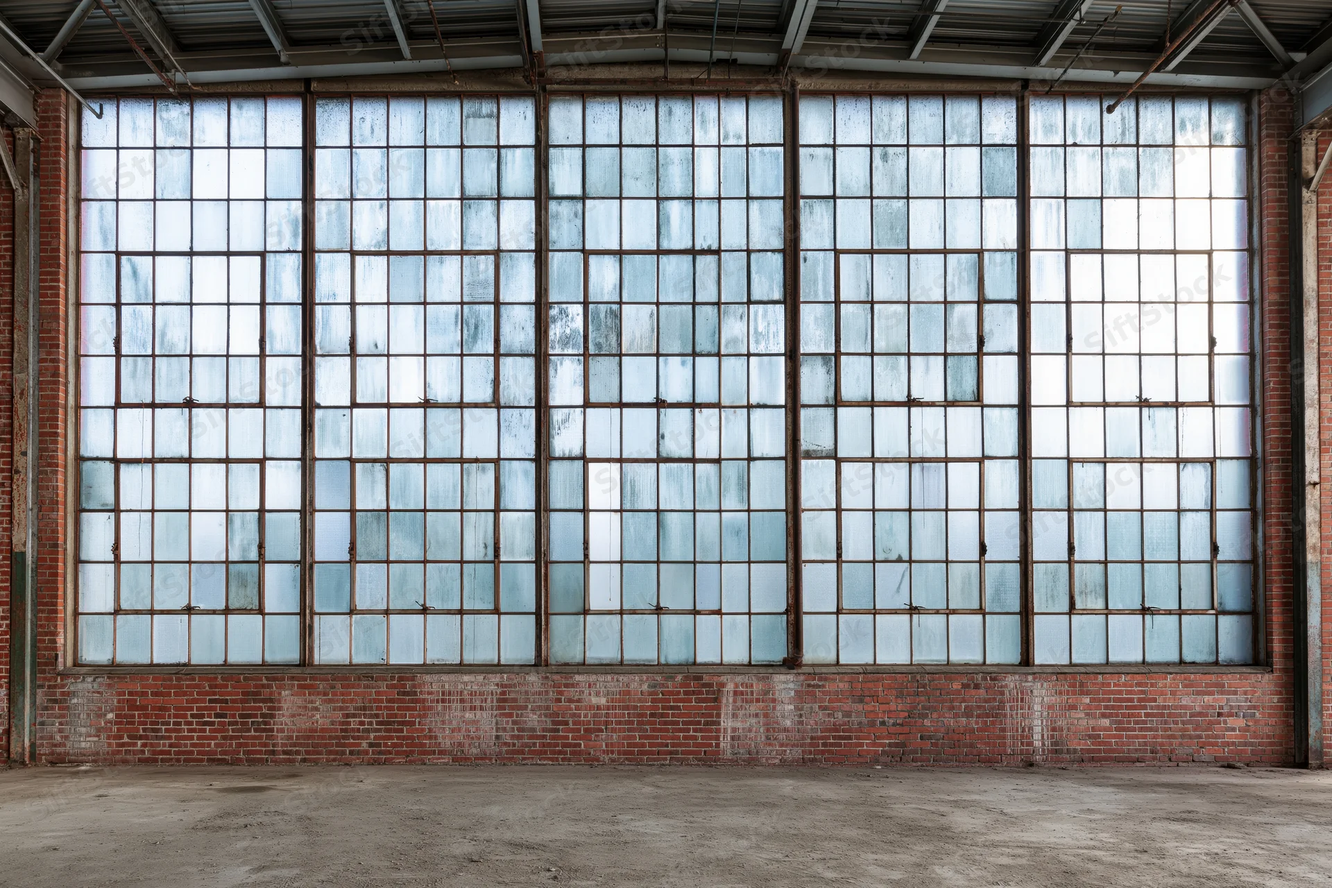 Large industrial warehouse interior with tall multi-paned windows set in brick wall, concrete floor, metal ceiling beams, empty space