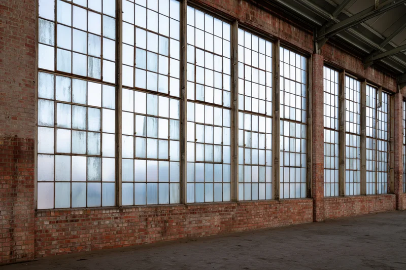 Empty industrial warehouse interior with tall multi-paned windows along brick wall