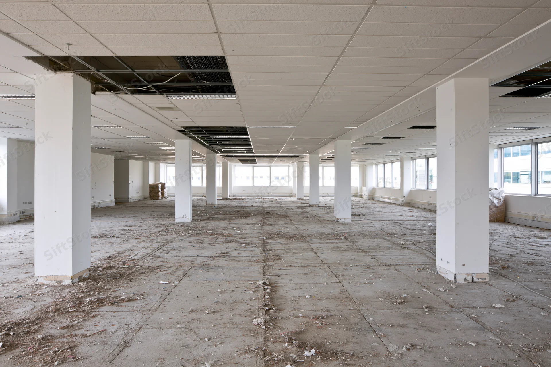 Empty commercial office space mid-renovation with exposed ceiling and concrete floor
