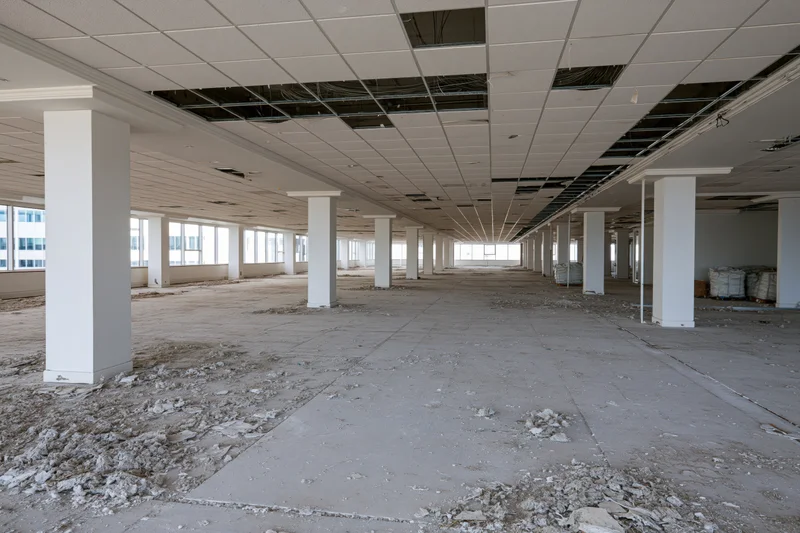 Large vacant commercial office space mid-renovation with exposed ceiling wiring and concrete floor debris