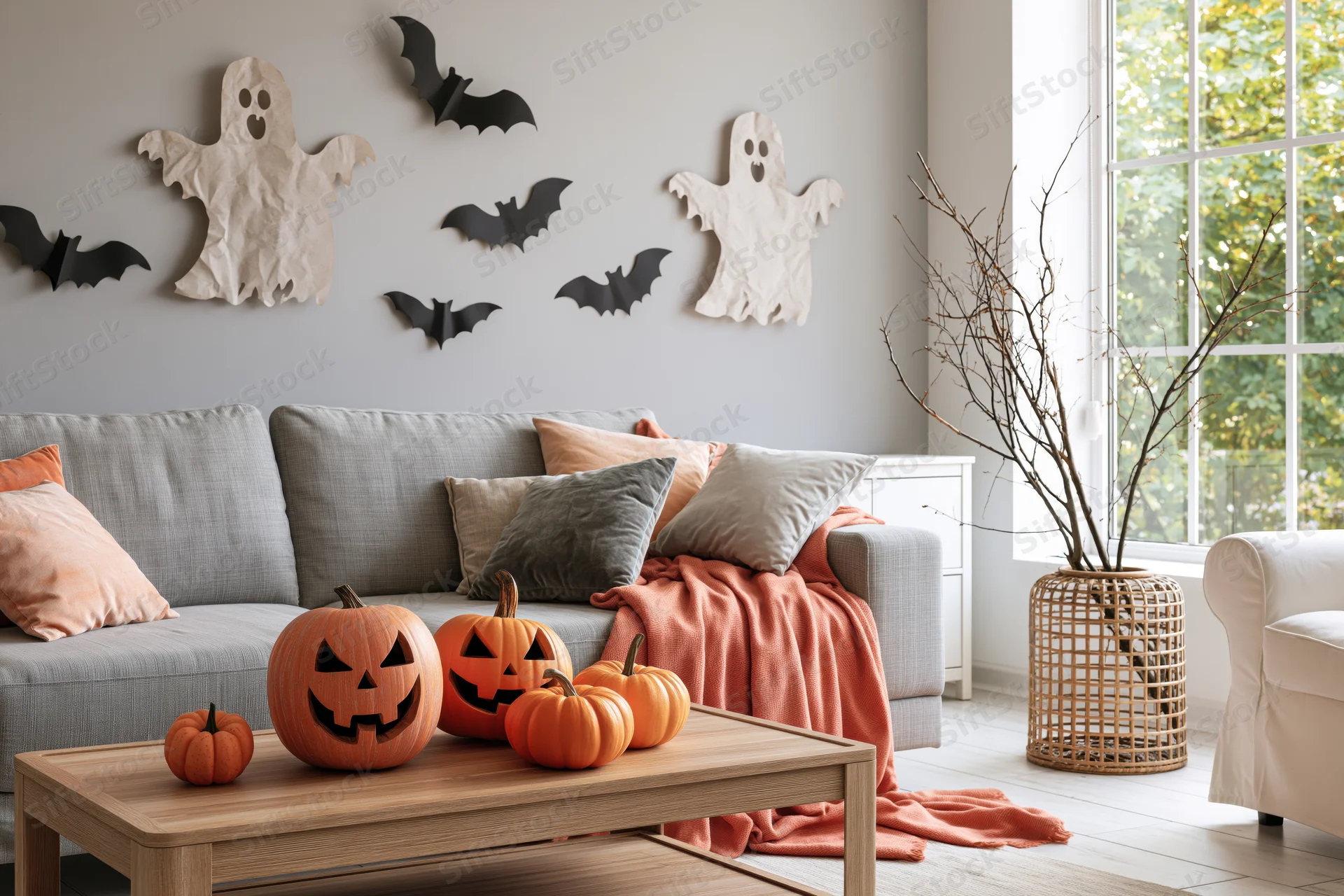 Halloween-decorated living room with paper ghosts and pumpkins on coffee table near sofa