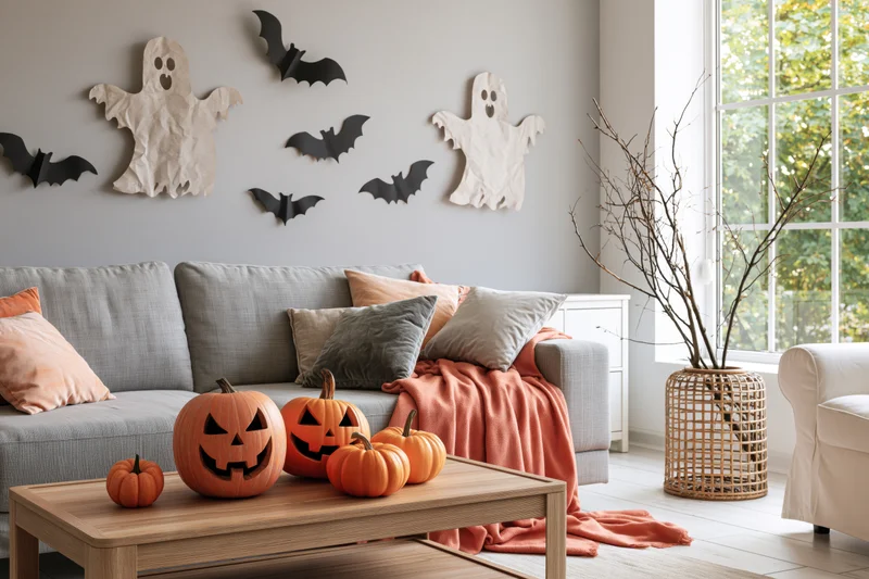 Halloween-decorated living room with paper ghosts and pumpkins on coffee table near sofa
