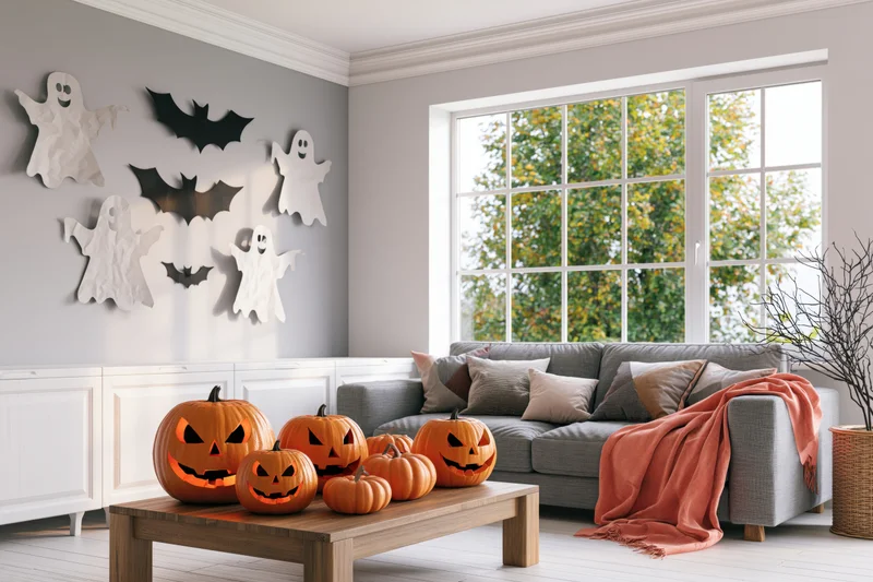 Halloween-decorated living room with carved pumpkins on coffee table and paper ghost cutouts on wall