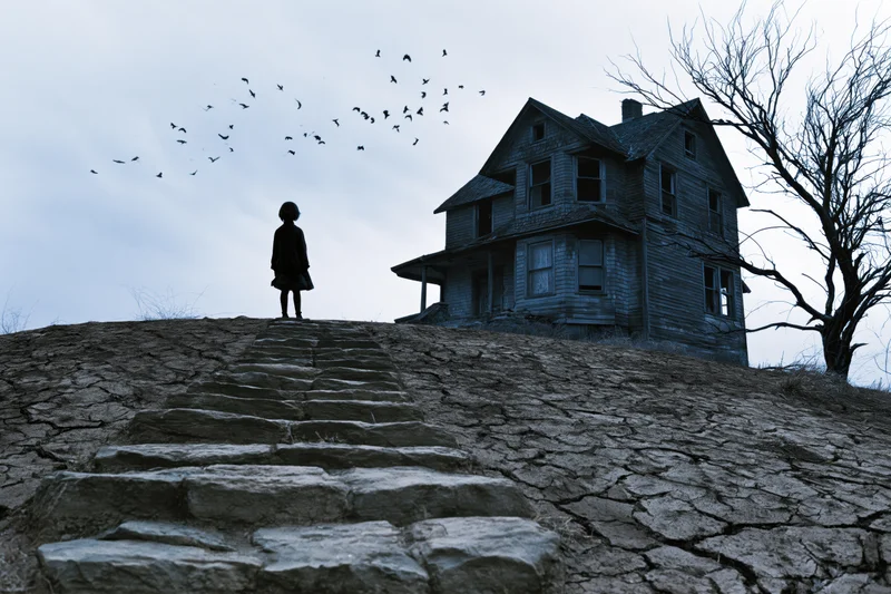 Child silhouette standing on cracked earth steps before abandoned house on hill