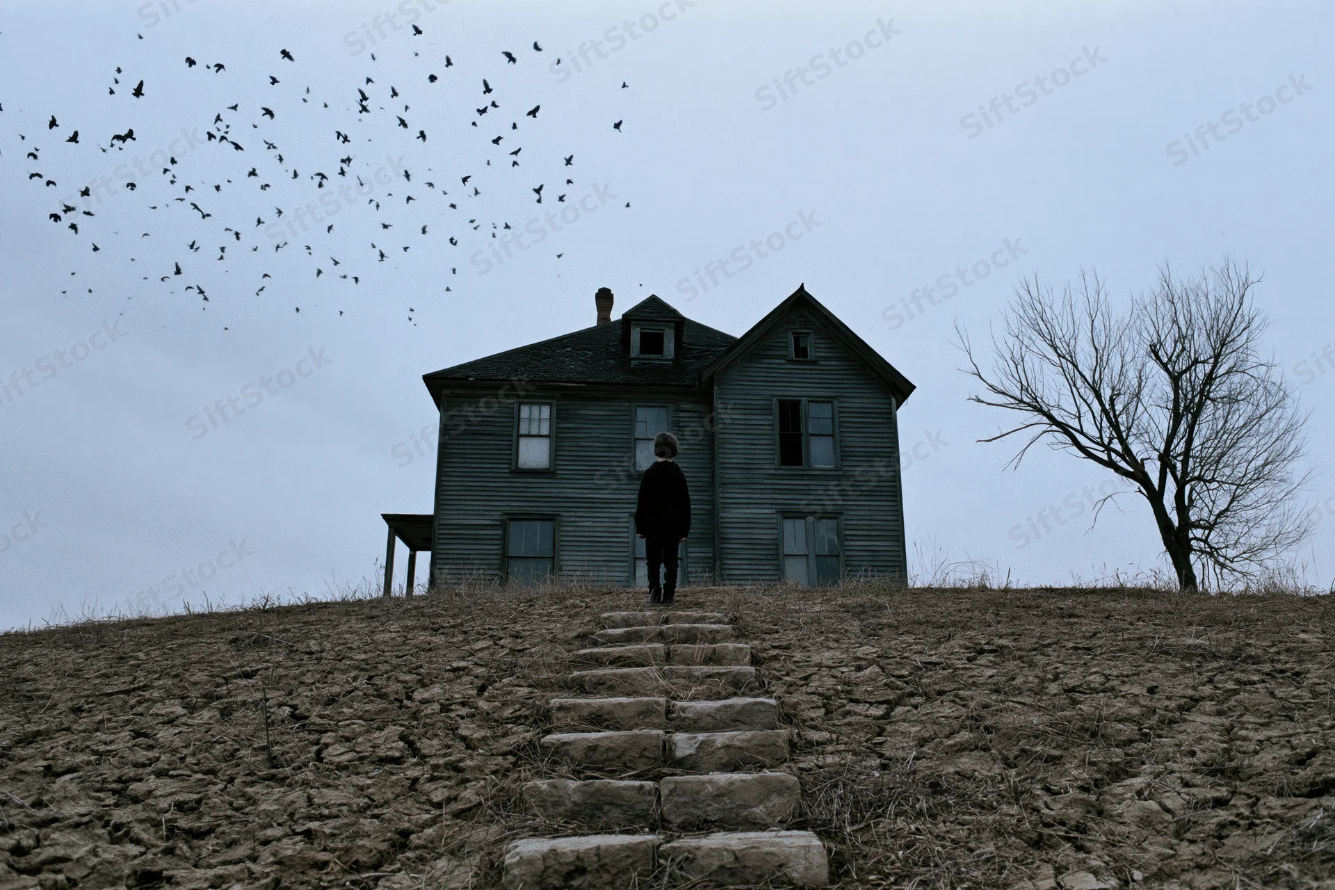 Child silhouette standing before abandoned house on hill with stone steps and flying birds