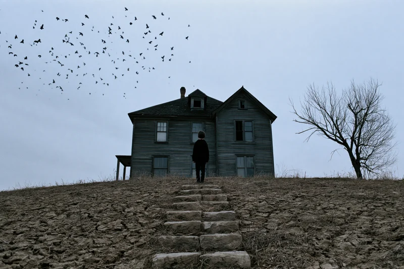 Child silhouette standing before abandoned house on hill with stone steps and flying birds