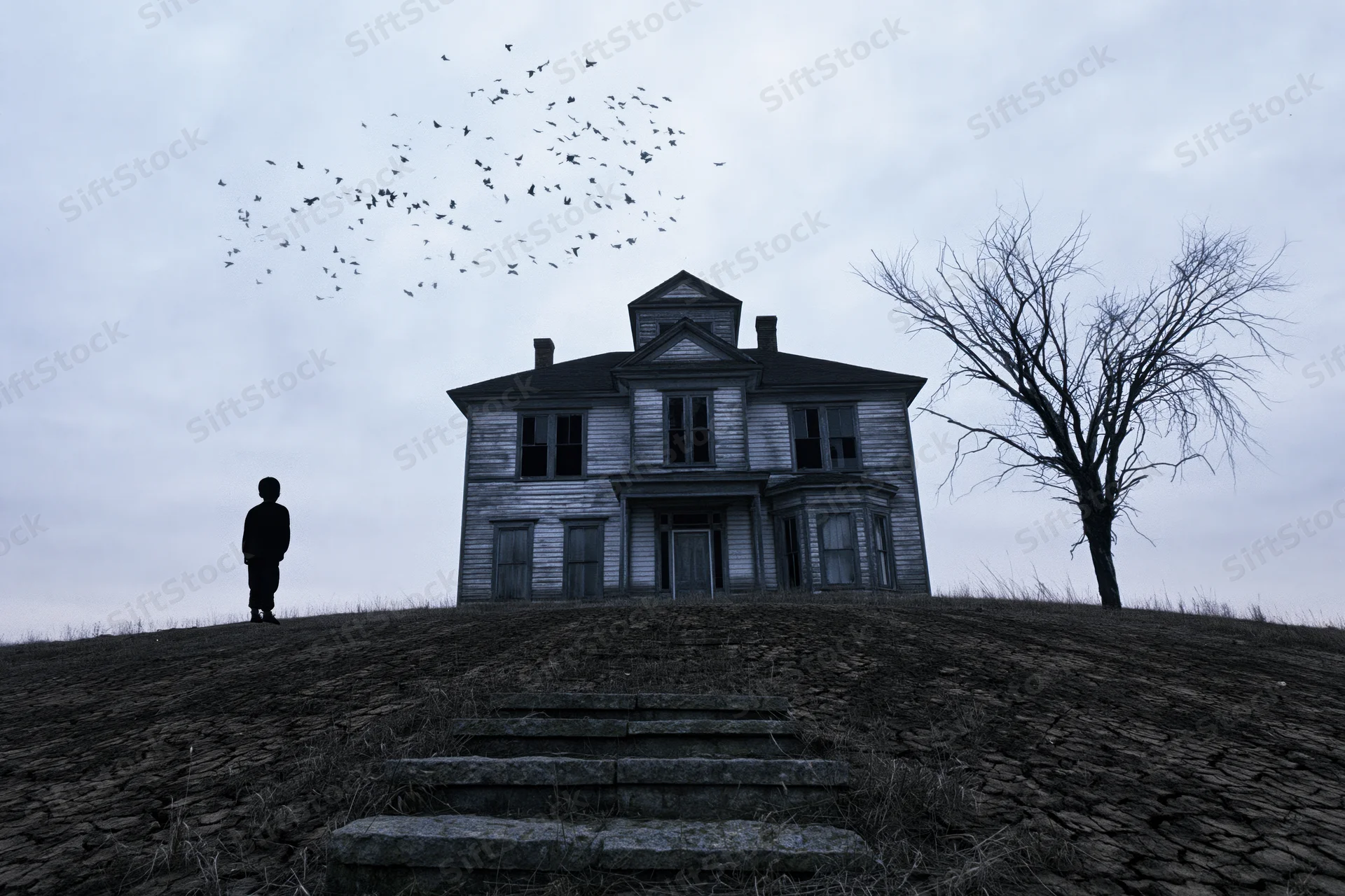 Child silhouette standing before abandoned house on hill with bare tree and flying birds