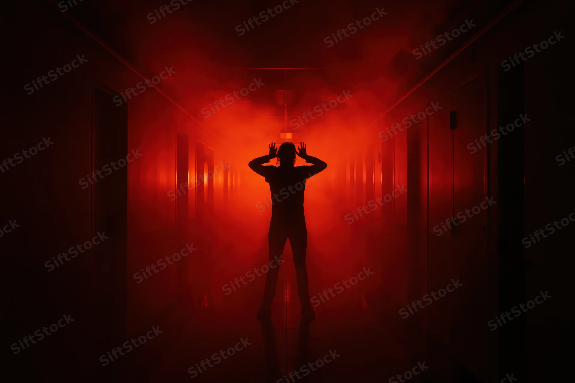 Silhouette of a figure standing in a dark narrow hallway filled with red smoke, hands on head