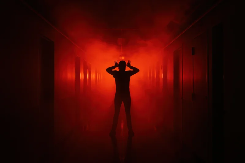 Silhouette of a figure standing in a dark narrow hallway filled with red smoke, hands on head