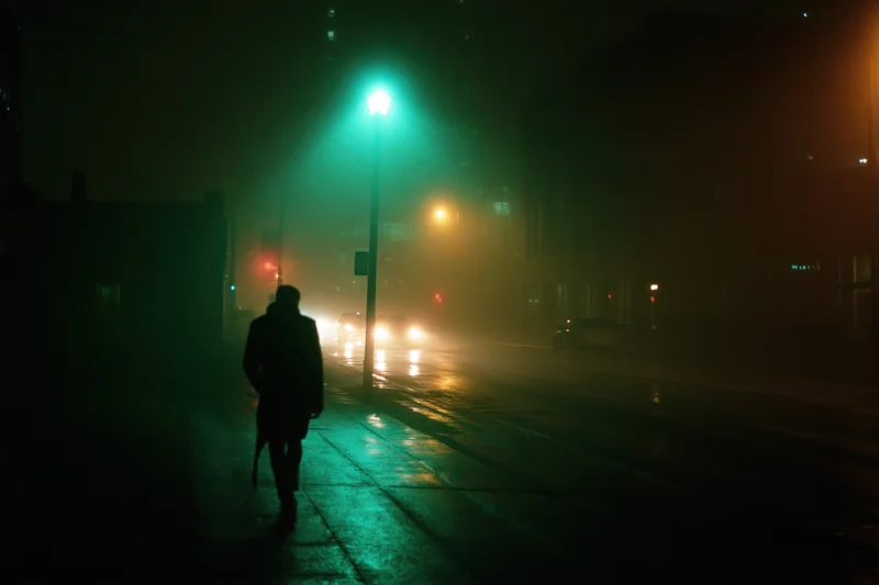 Silhouette of a person walking alone on a wet city street at night under green streetlight glow
