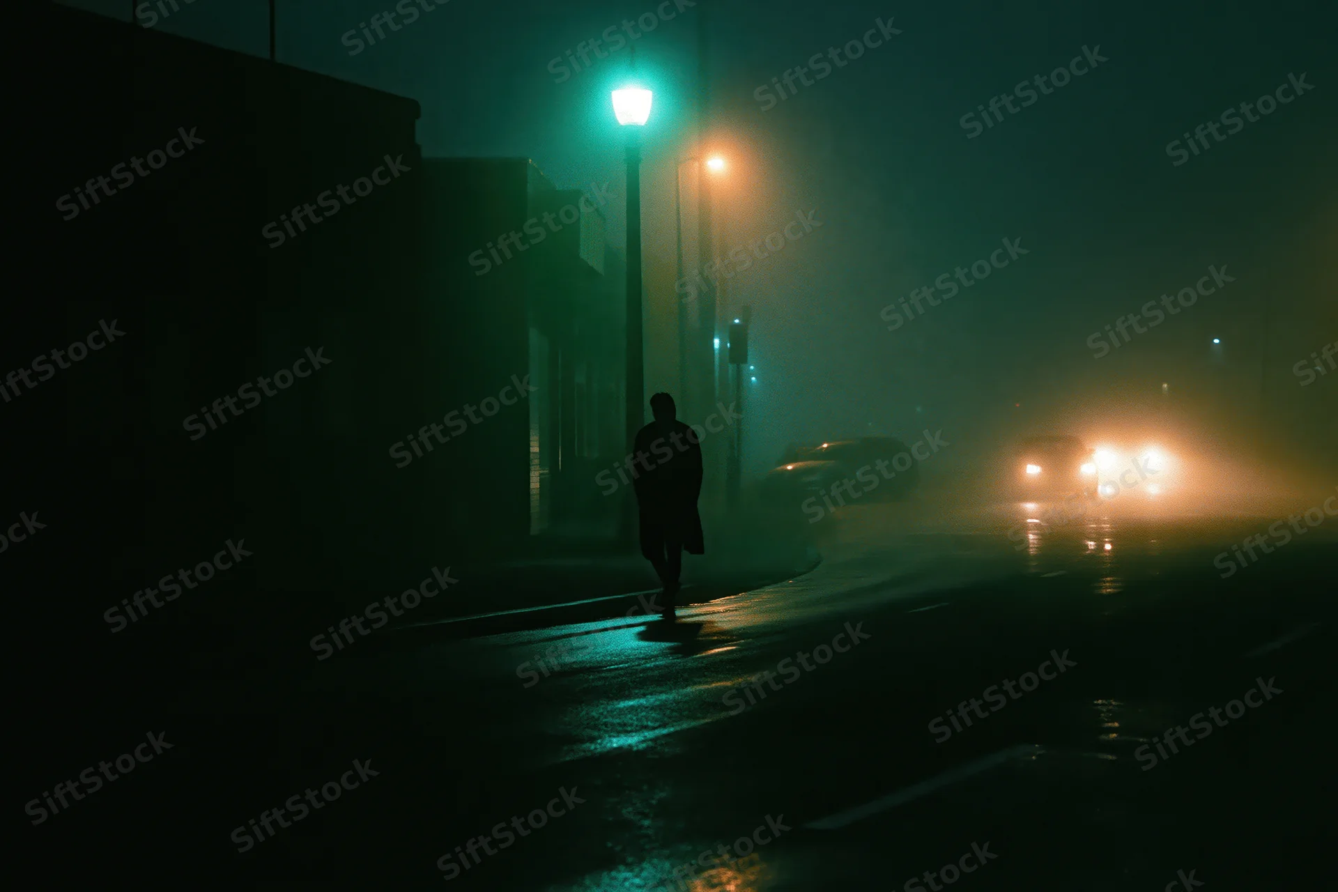 Lone figure walking along a wet urban street at night under glowing streetlights