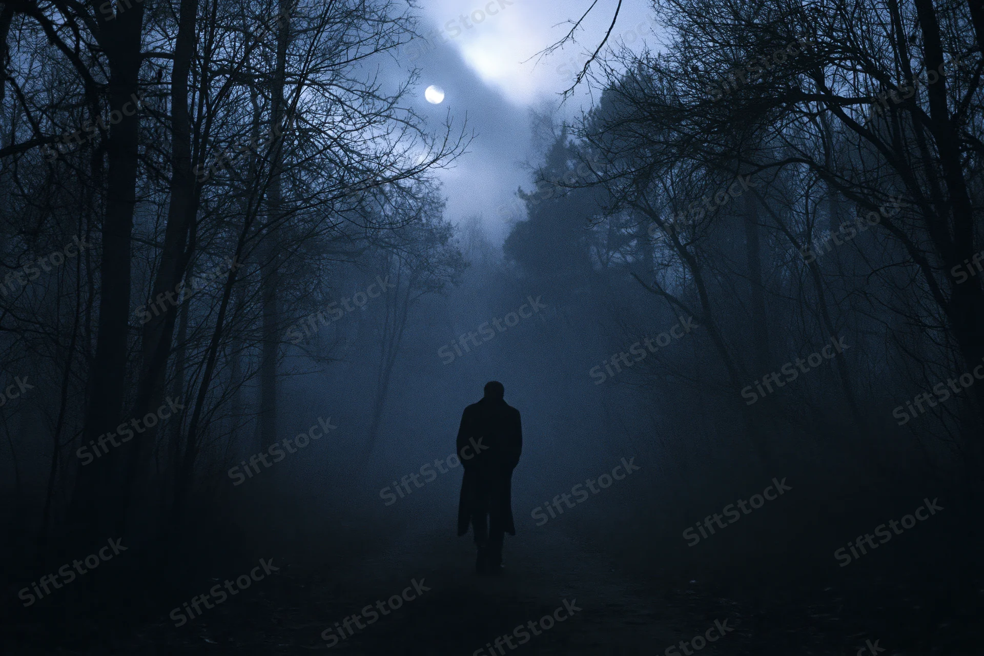 Silhouette of a man walking away on a narrow path through a foggy forest at night