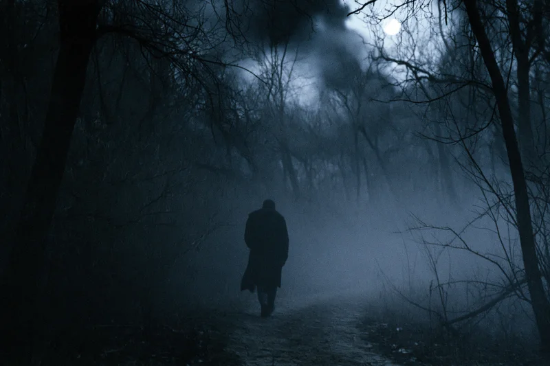 Man walking away along a narrow path through a foggy forest at night
