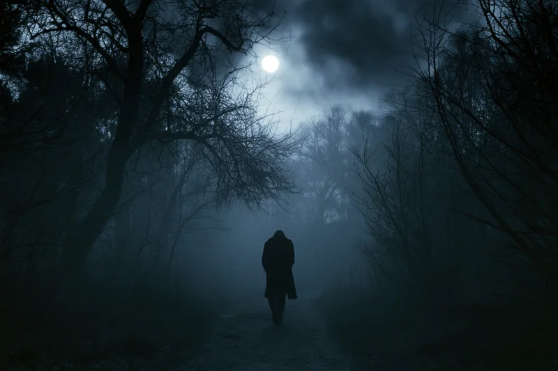 Silhouette of a person walking away on a foggy forest path at night under moonlight