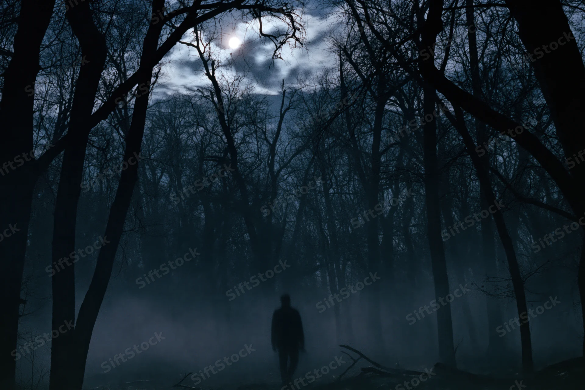 Silhouetted figure walking through foggy forest at night under moonlight