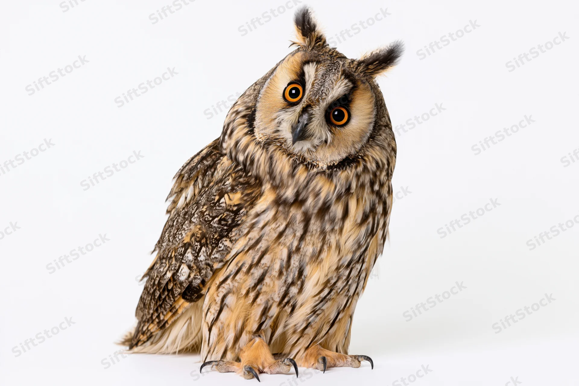 Long-eared owl perched upright with head tilted slightly on white background