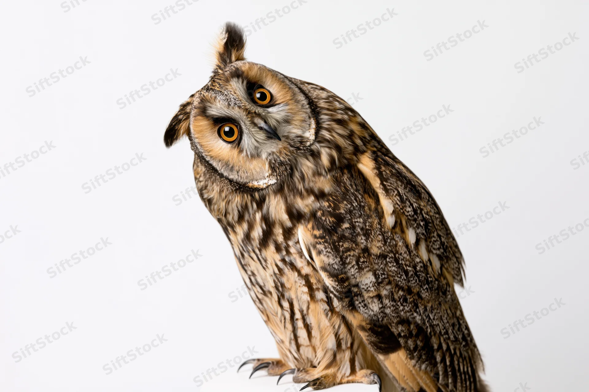 Long-eared owl perched upright with head tilted slightly to one side against white background