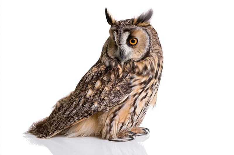 Long-eared owl perched upright on a metal jess perch against white background