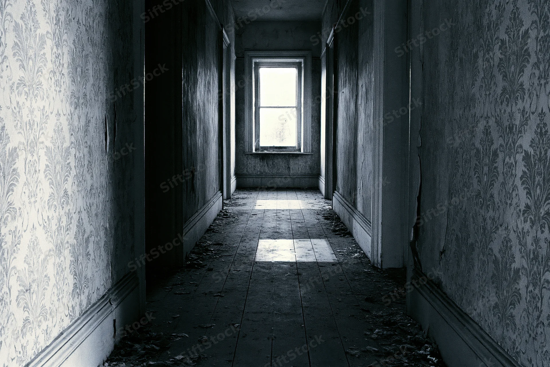 Long abandoned hallway with peeling wallpaper and debris leading to a single window at the end