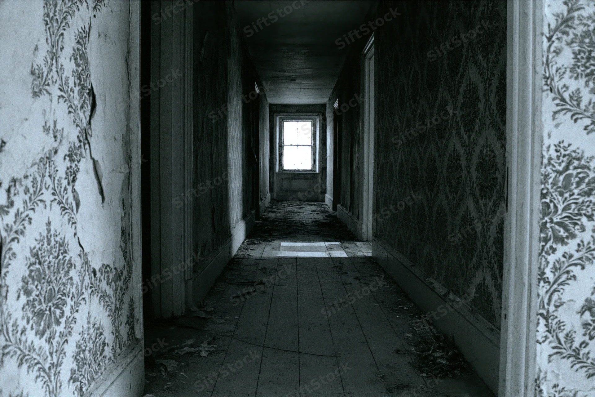 Long abandoned hallway with peeling floral wallpaper and debris leading to a single window at the end