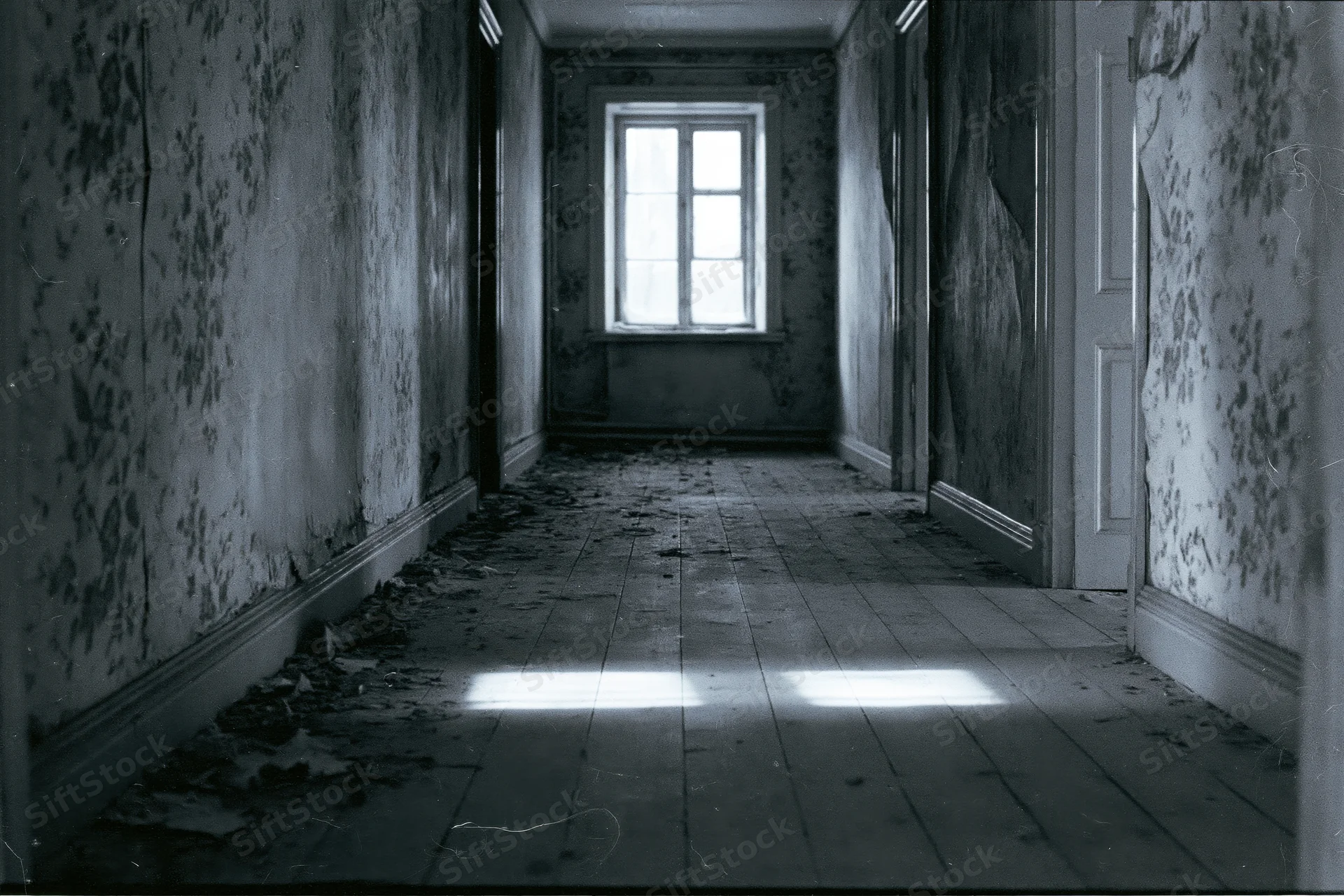 Long abandoned hallway with peeling wallpaper and debris leading to a single window at the end