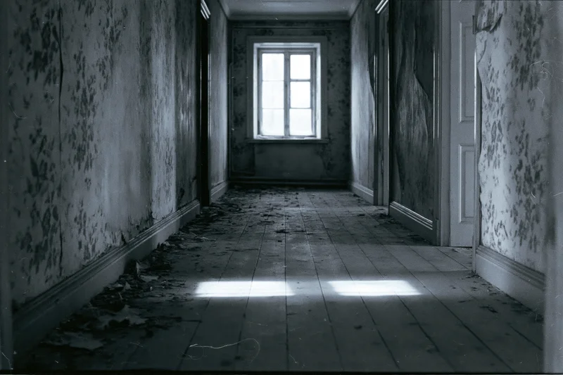 Long abandoned hallway with peeling wallpaper and debris leading to a single window at the end