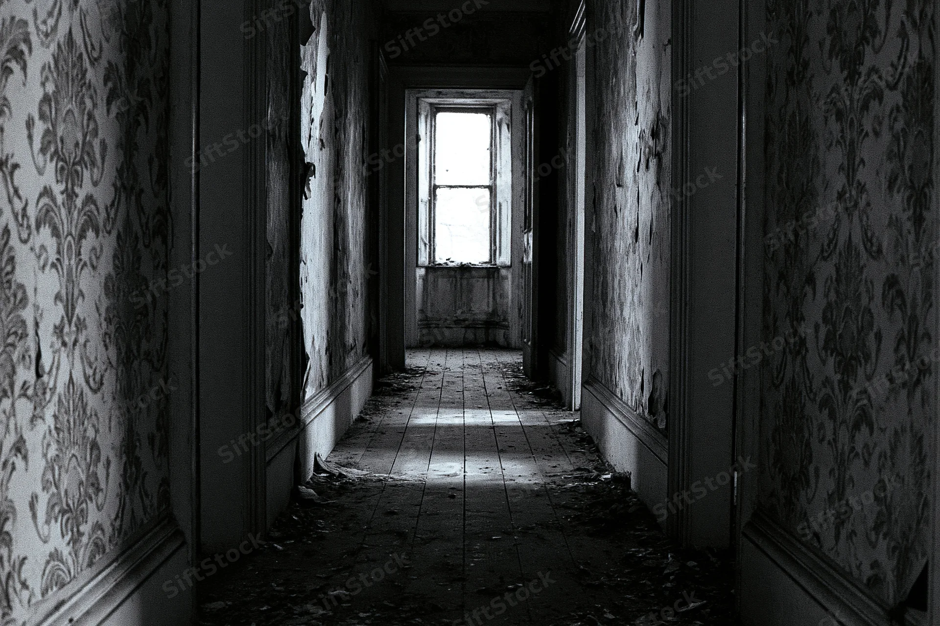 Long abandoned hallway with peeling damask wallpaper and debris on tiled floor leading to a single window at the end