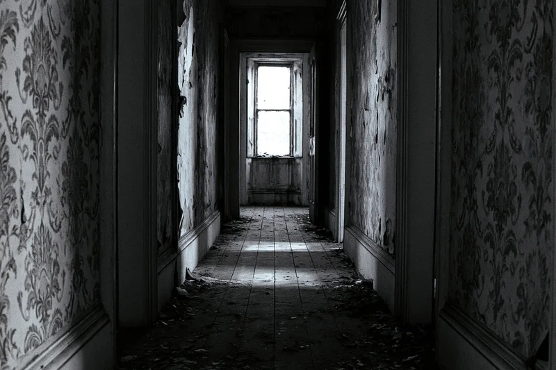 Long abandoned hallway with peeling damask wallpaper and debris on tiled floor leading to a single window at the end