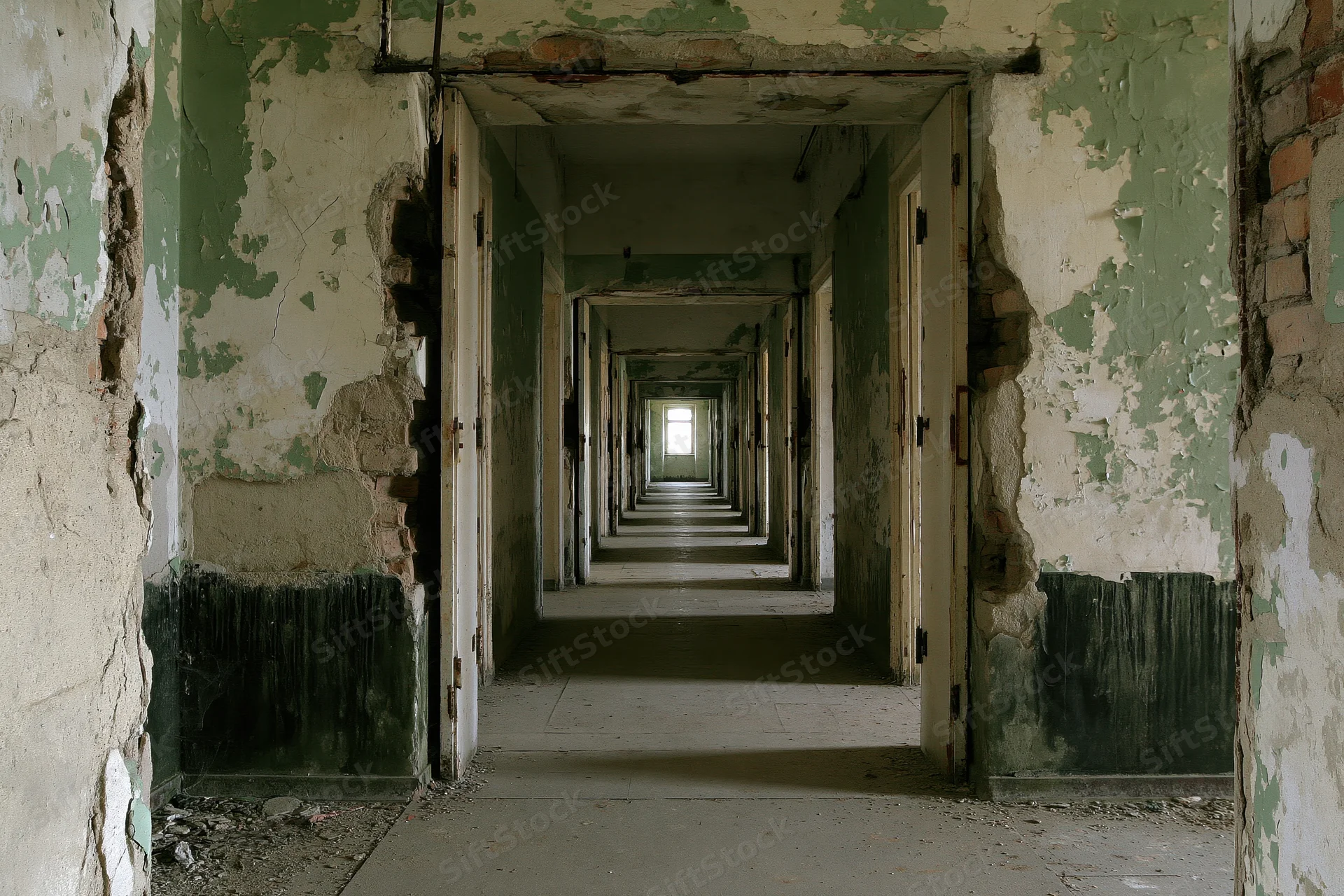 Long abandoned institutional hallway receding into the distance with peeling green paint and open doors