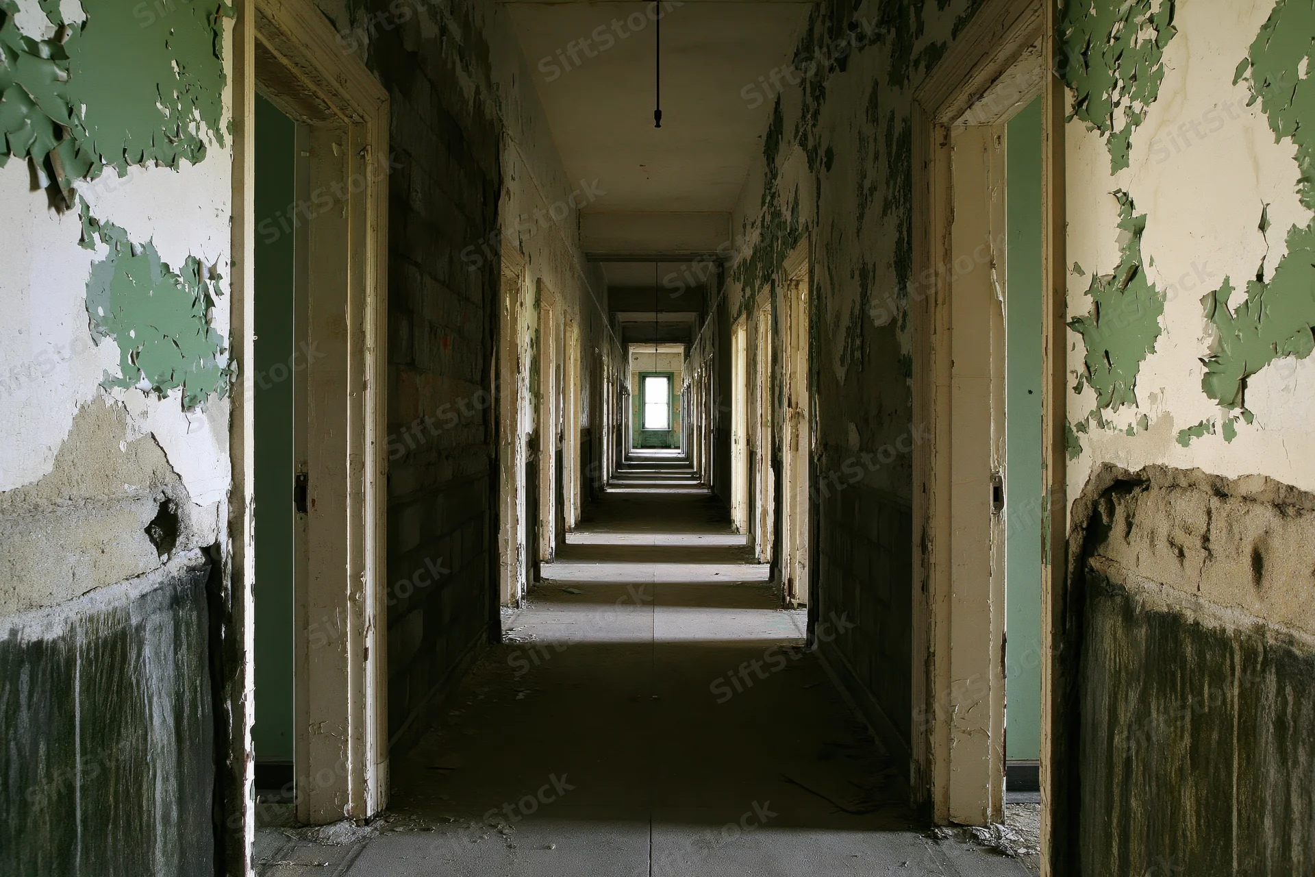 Long abandoned institutional hallway receding into the distance with peeling green paint and doors on either side