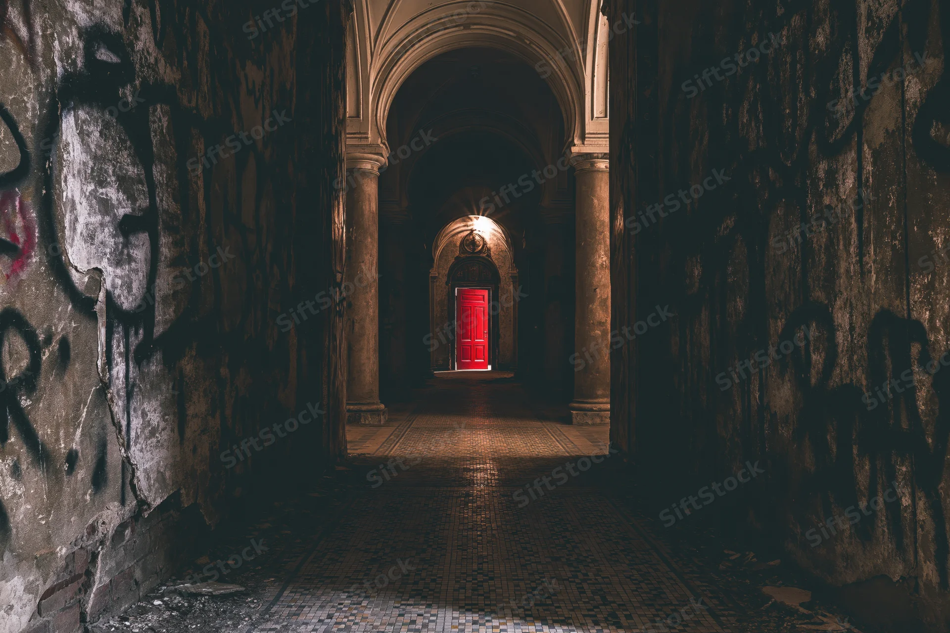 Long decaying corridor with graffiti-covered walls leading to a red door at the end, illuminated by a single light source