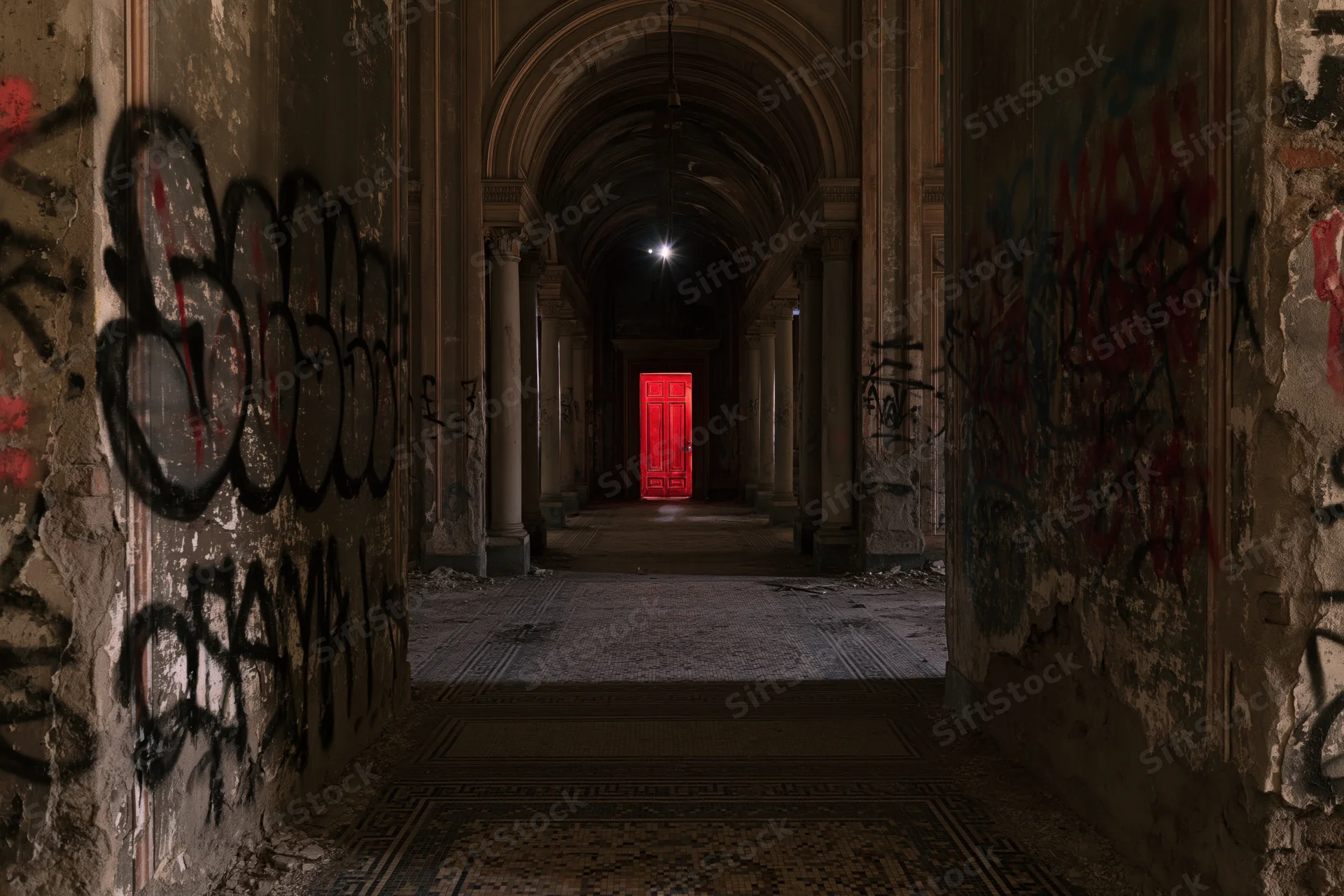 Long decaying corridor with graffiti-covered walls leading to a red door at the end