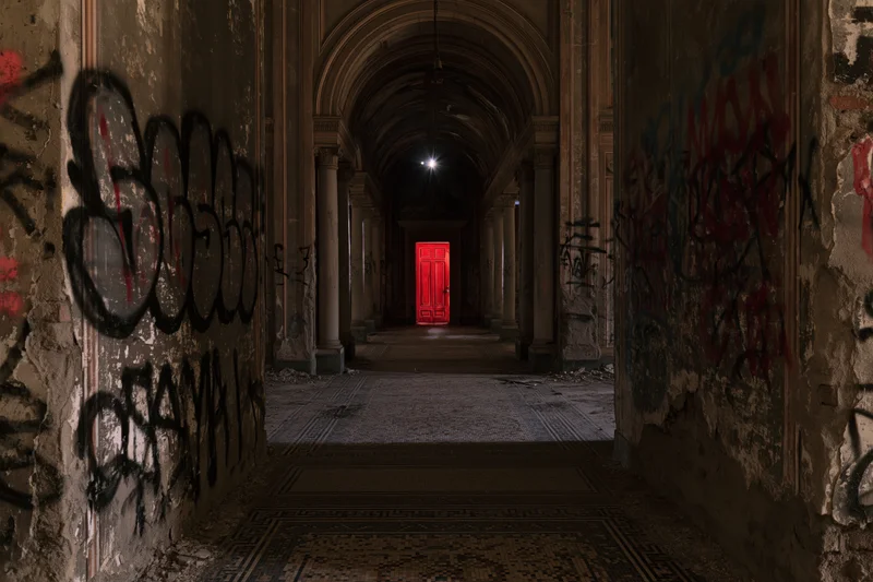 Long decaying corridor with graffiti-covered walls leading to a red door at the end