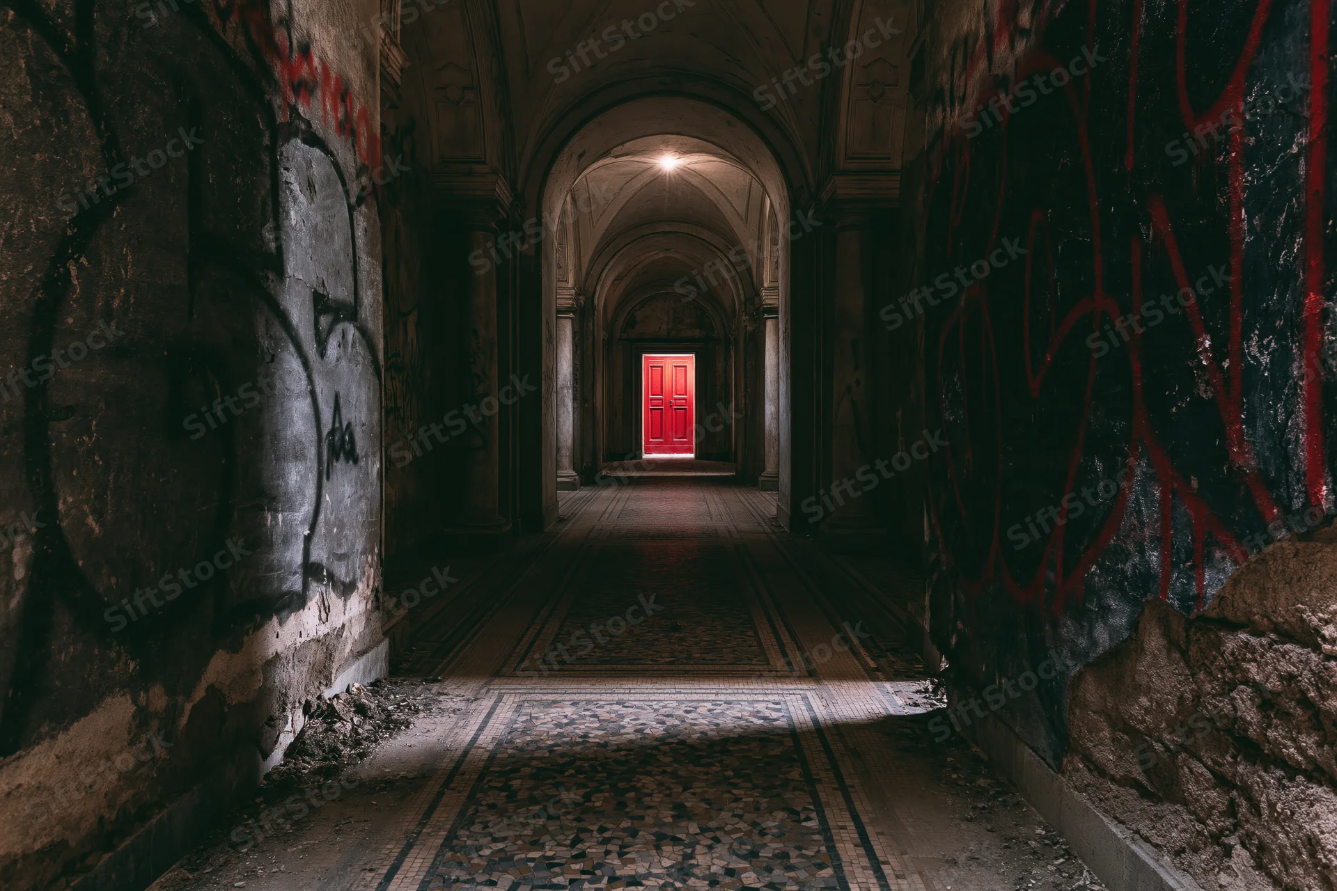 Long decaying corridor with graffiti-covered walls leading to a red door at the end