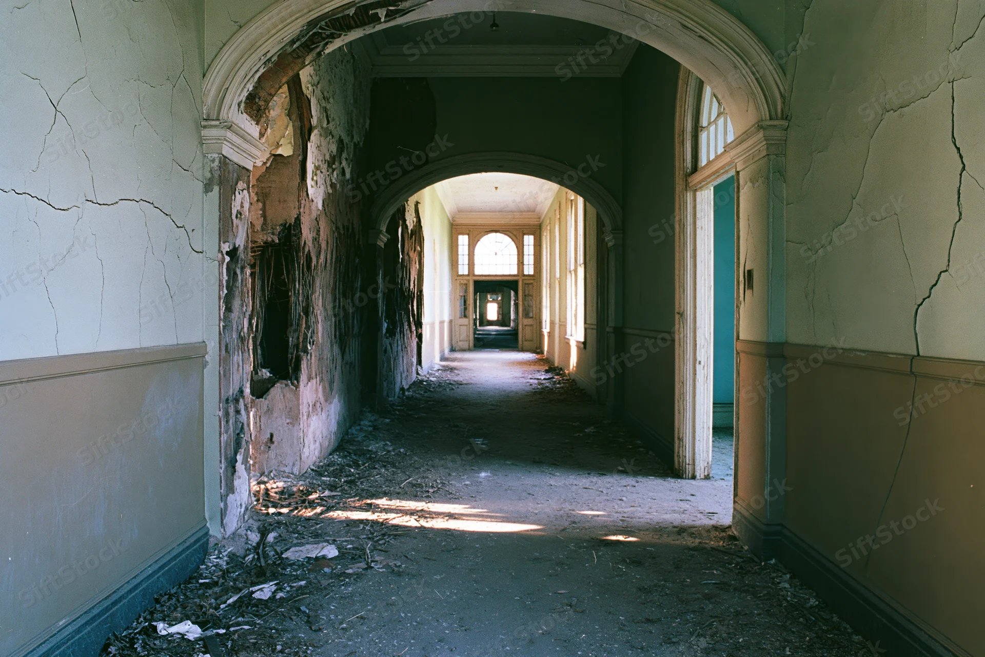 Long decaying hallway in an abandoned institutional building with crumbling walls and debris on the floor