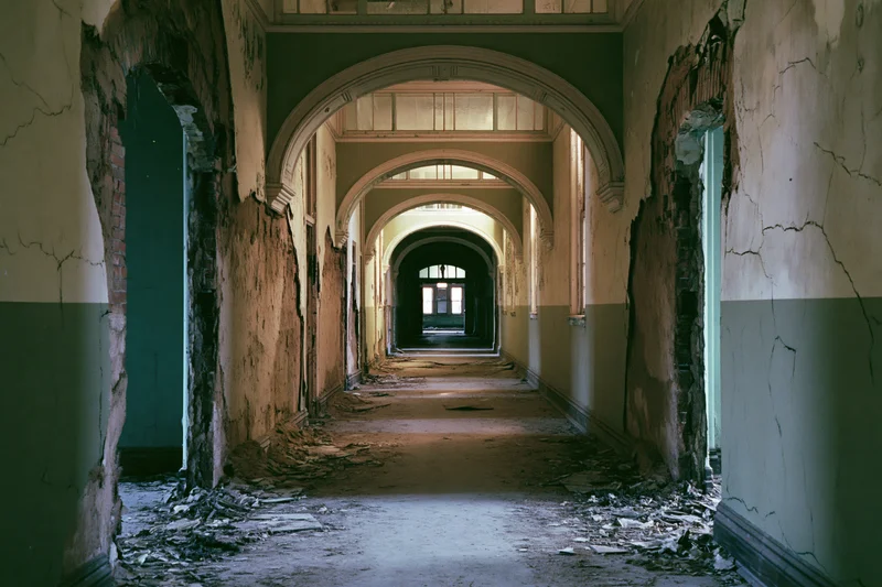 Long decaying hallway with arched passageways and crumbling walls in an abandoned institutional building