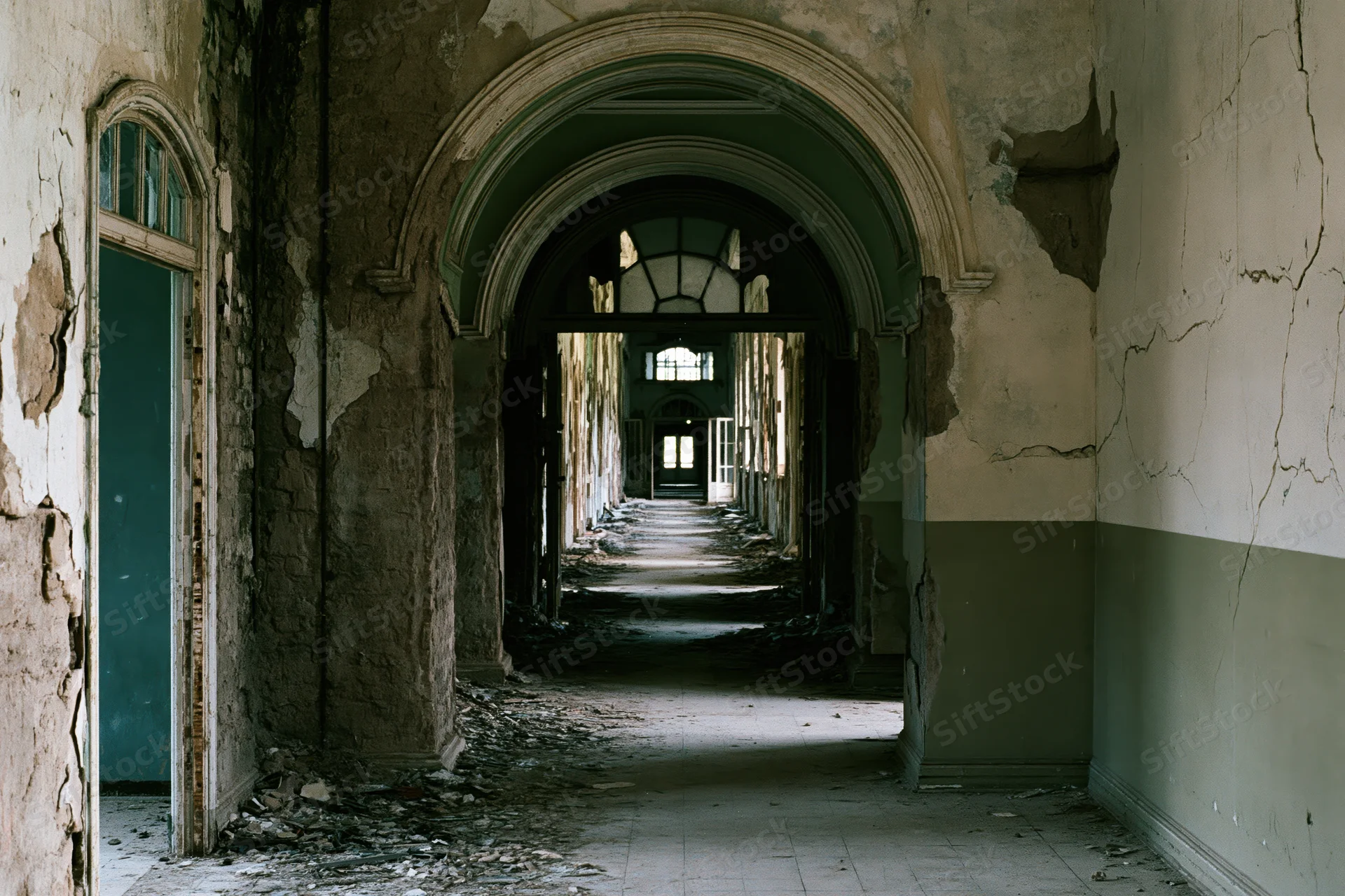 Long decaying hallway with arched doorways and crumbling walls in an abandoned institutional building