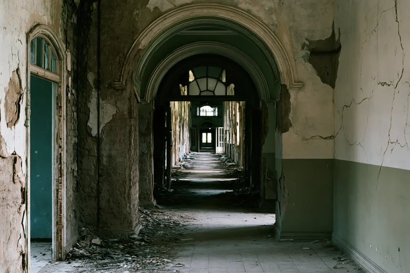 Long decaying hallway with arched doorways and crumbling walls in an abandoned institutional building