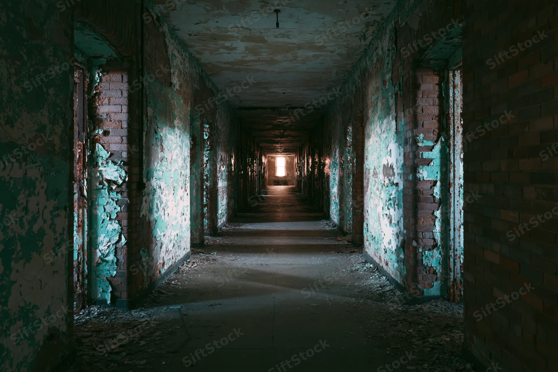 Long hallway in abandoned institutional building with peeling teal paint and exposed brick walls leading to distant light at end